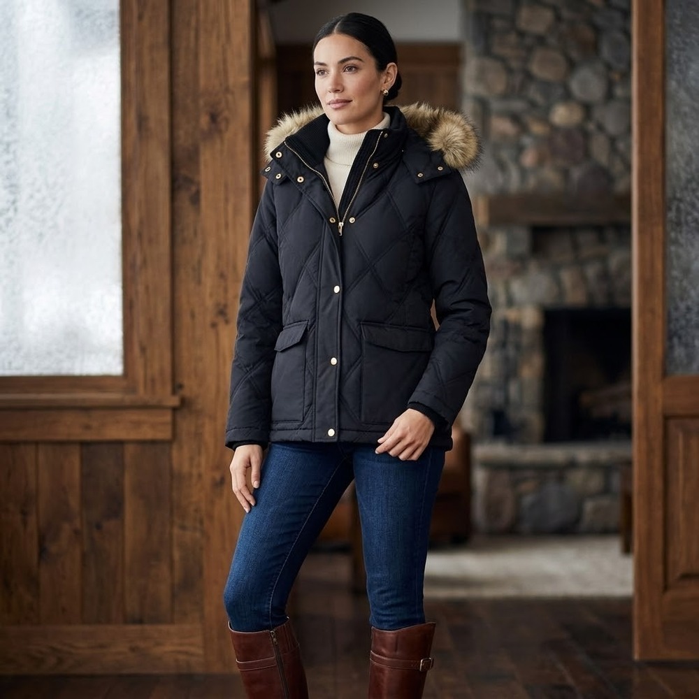 Lands' End Down Puffer Jacket Small Diamond Quilt Faux Fur Hood Black Parka Coat